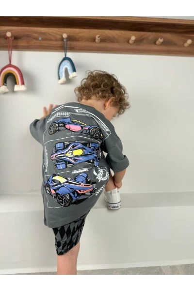 Araba Baskılı Yazlık Günlük Erkek Bebek/Çocuk Premium Kalite İkili Takım - GRİ