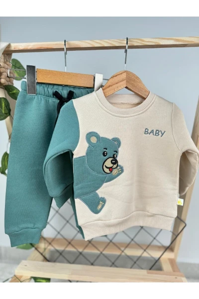 Ayı Nakışlı 3 İplik Kışlık Bebek/Çocuk İkili Takım - YEŞİL
