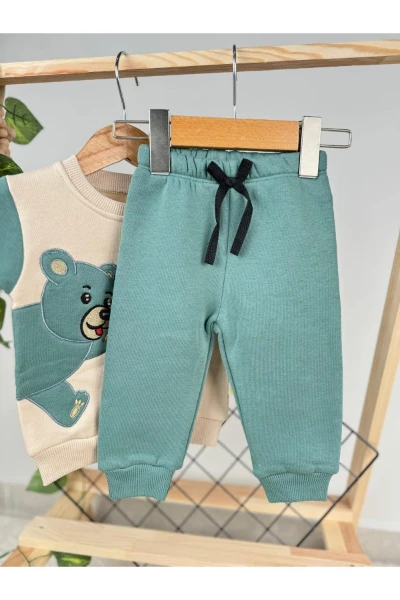 Ayı Nakışlı 3 İplik Kışlık Bebek/Çocuk İkili Takım - YEŞİL