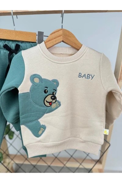 Ayı Nakışlı 3 İplik Kışlık Bebek/Çocuk İkili Takım - YEŞİL