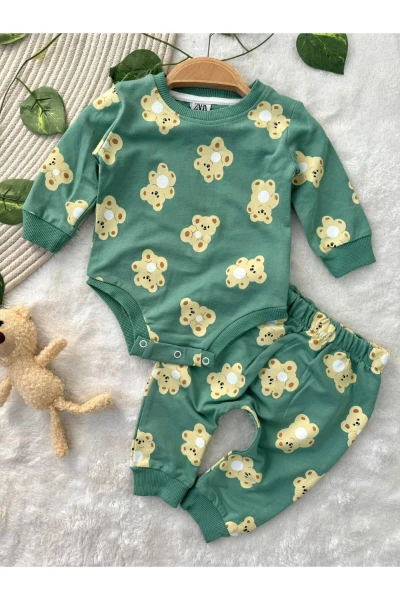 Ayıcık Desenli Çıtçıtlı Badili Unisex Bebek/Çocuk İkili Takım - YEŞİL