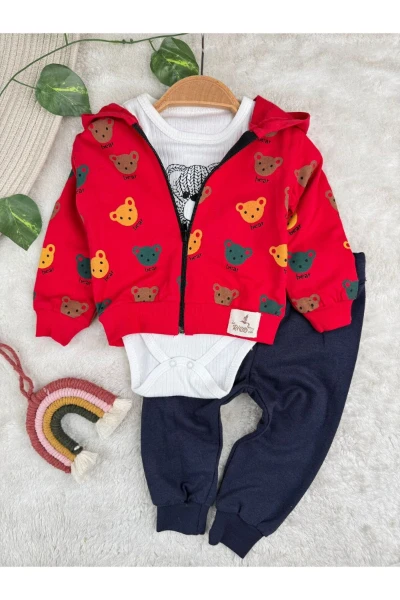 AYILI KAPÜŞONLU ZIBIN BADİLİ 3'LÜ ERKEK BEBEK TAKIM - KIRMIZI