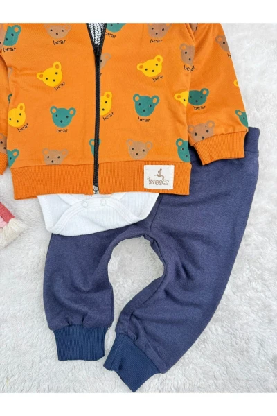 AYILI KAPÜŞONLU ZIBIN BADİLİ 3'LÜ ERKEK BEBEK TAKIM - HARDAL