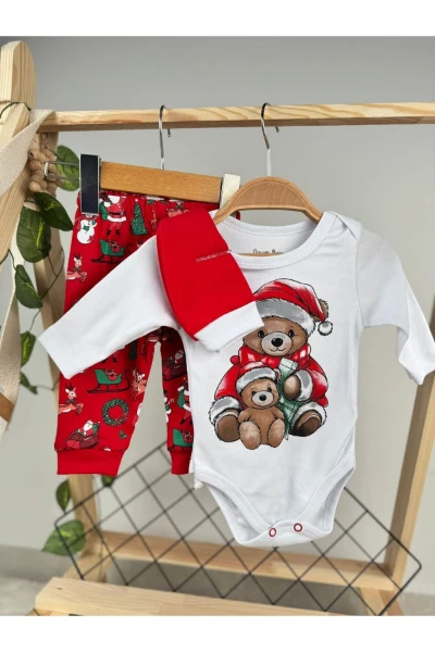 Ayılı Noel Badili Şapkalı 3'lü Bebek Takım - KIRMIZI