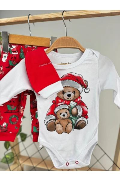 Ayılı Noel Badili Şapkalı 3'lü Bebek Takım - KIRMIZI