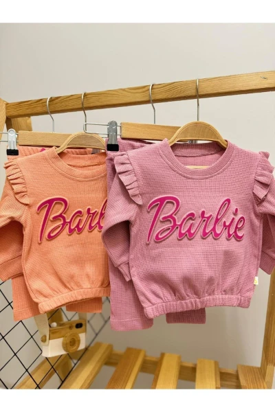 Barbie Nakışlı Kolu Fırfırlı Likralı Kumaş Kız Bebek/Çocuk Mevsimlik Takım - GÜL KURUSU