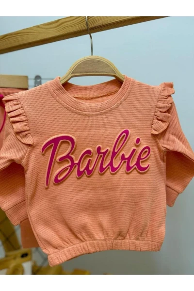 Barbie Nakışlı Kolu Fırfırlı Likralı Kumaş Kız Bebek/Çocuk Mevsimlik Takım - YAVRUAĞZI