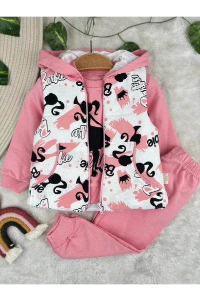 Baskılı Şişme Yelekli 3'lü Kız Bebek Eşofman Takım Set - PEMBE