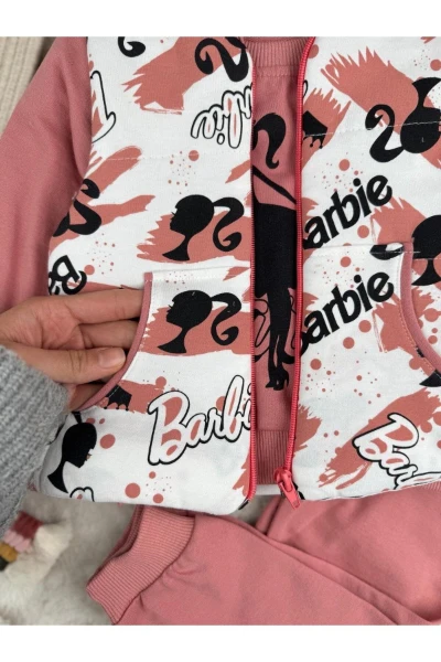 Baskılı Şişme Yelekli 3'lü Kız Bebek Eşofman Takım Set - GÜLKURUSU