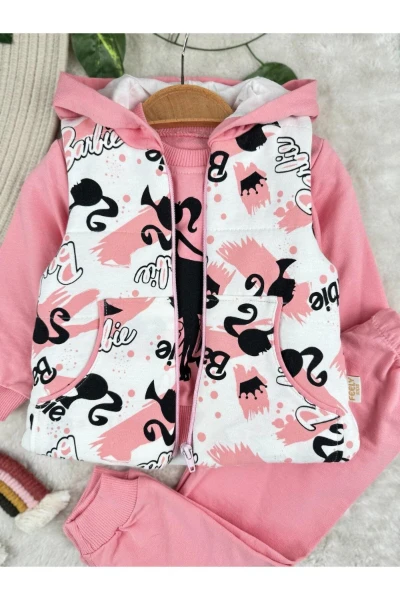 Baskılı Şişme Yelekli 3'lü Kız Bebek Eşofman Takım Set - PEMBE