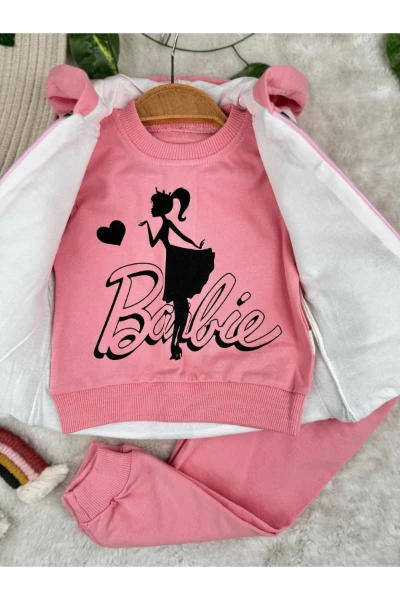 Baskılı Şişme Yelekli 3'lü Kız Bebek Eşofman Takım Set - PEMBE
