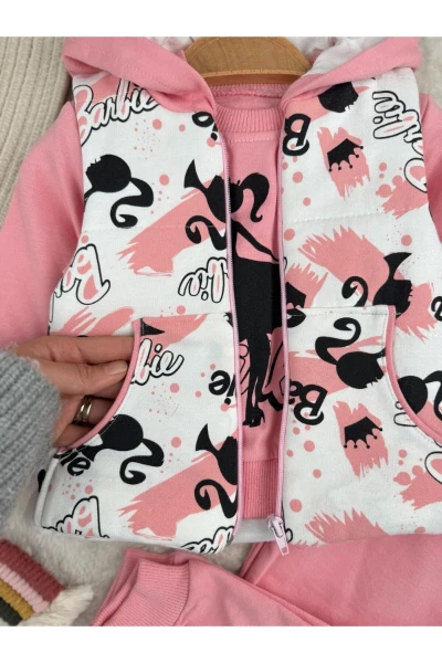 Baskılı Şişme Yelekli 3'lü Kız Bebek Eşofman Takım Set - PEMBE