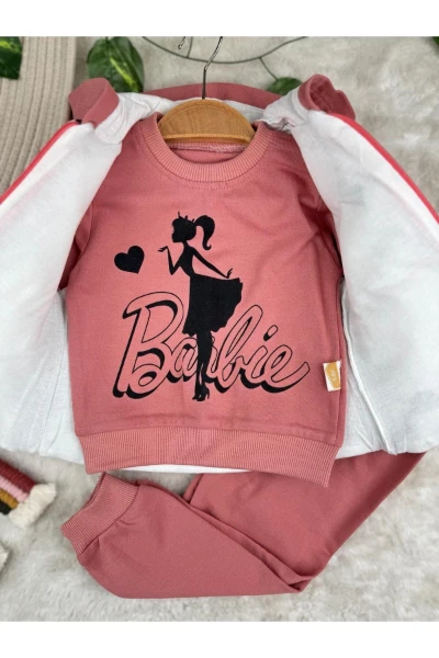 Baskılı Şişme Yelekli 3'lü Kız Bebek Eşofman Takım Set - GÜLKURUSU