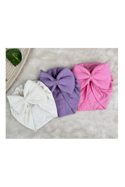 Bebek Çift Kat Fiyonklu Bebek Bone - BEYAZ-PEMBE-LİLA