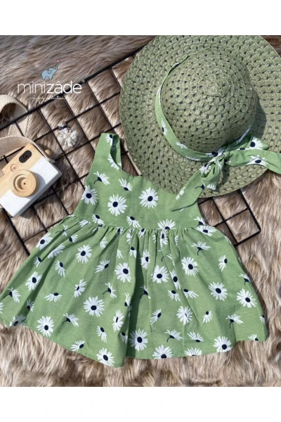 Büyük Papatya Çiçekli Şapkalı Yazlık Kız Bebek Elbise - YEŞİL ŞAPKALI YEŞİL
