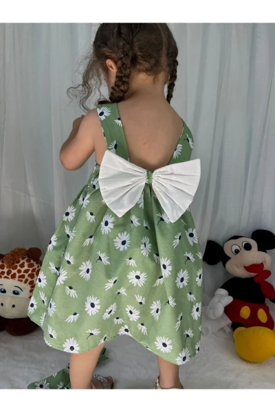 Büyük Papatya Çiçekli Şapkalı Yazlık Kız Bebek Elbise - YEŞİL