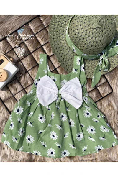 Büyük Papatya Çiçekli Şapkalı Yazlık Kız Bebek Elbise - YEŞİL ŞAPKALI YEŞİL