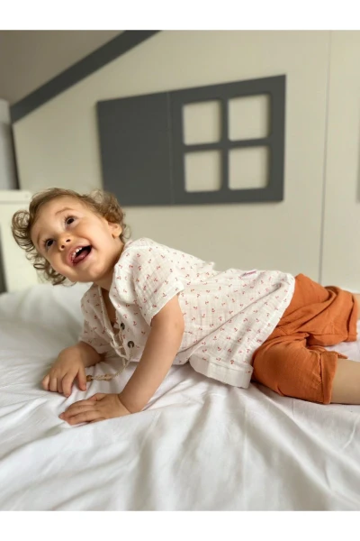 Çapa Desenli İp Detaylı %100 Pamuk Lüx Kalite Müslin Yazlık Bebek/Çocuk İkili Şortlu Takım - KİREMİT