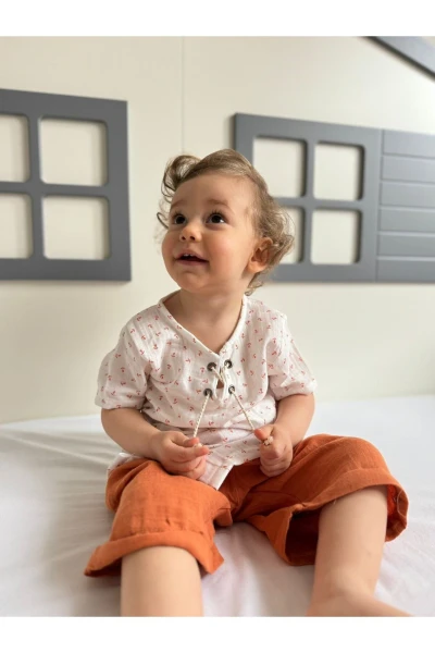 Çapa Desenli İp Detaylı %100 Pamuk Lüx Kalite Müslin Yazlık Bebek/Çocuk İkili Şortlu Takım - KİREMİT