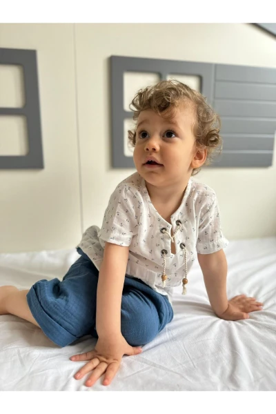 Çapa Desenli İp Detaylı %100 Pamuk Lüx Kalite Müslin Yazlık Bebek/Çocuk İkili Şortlu Takım - MAVİ