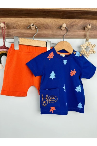 Cep Nakışlı Şortlu Erkek Bebek Yazlık İkili Takım - MAVİ