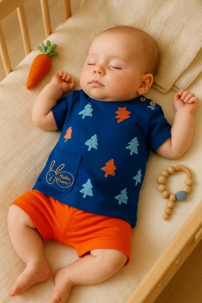 Cep Nakışlı Şortlu Erkek Bebek Yazlık İkili Takım - MAVİ