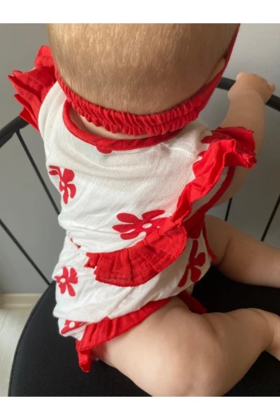 Çiçek Baskılı Bandanalı Alttan Çıtçıtlı Müslin Bandanalı Romper Tulum İkili Set - KIRMIZI