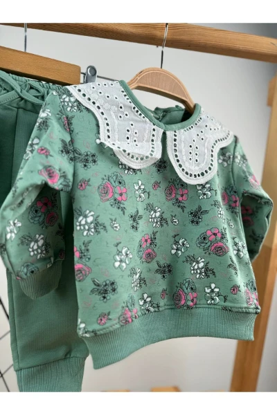 ÇİÇEK BASKILI BEBE YAKALI MEVSİMLİK KIZ BEBEK/ÇOCUK İKİLİ TAKIM - YEŞİL