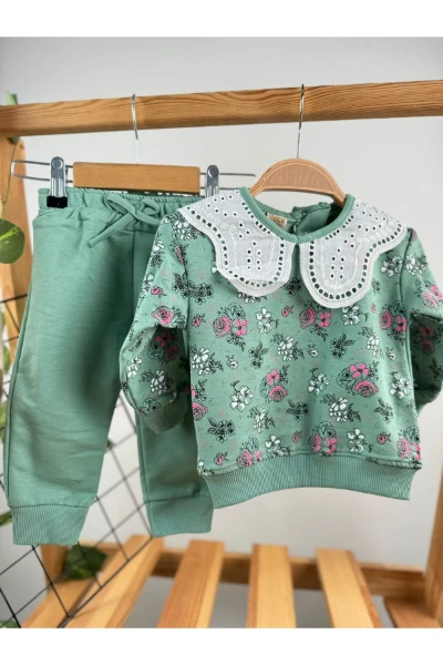 ÇİÇEK BASKILI BEBE YAKALI MEVSİMLİK KIZ BEBEK/ÇOCUK İKİLİ TAKIM - YEŞİL