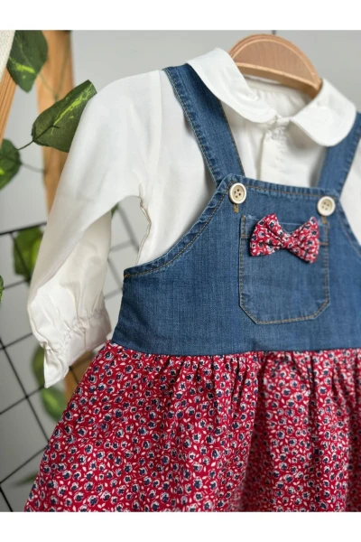 ÇİÇEK BASKILI GÖMLEKLİ BAYRAMLIK ÖZEL GÜN ŞIK KOT KIZ BEBEK ELBİSE - KIRMIZI