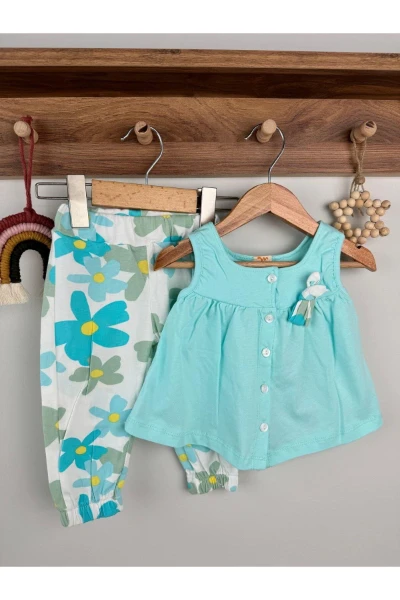 Çiçek Desen Taytlı Fiyonk Detaylı Sıfır Kollu Yazlık Kız Bebek İkili Takım - TURKUAZ