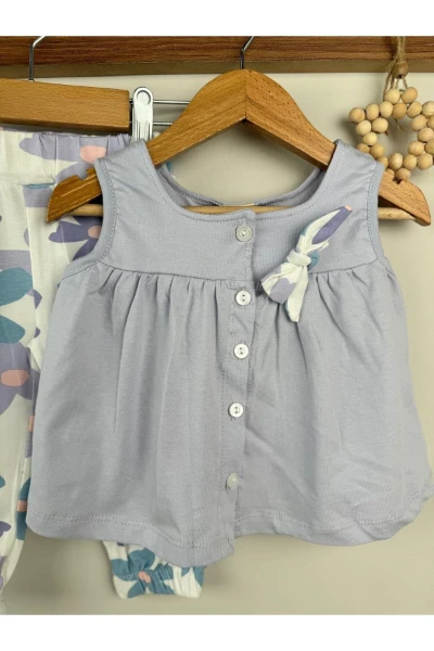 Çiçek Desen Taytlı Fiyonk Detaylı Sıfır Kollu Yazlık Kız Bebek İkili Takım - LİLA