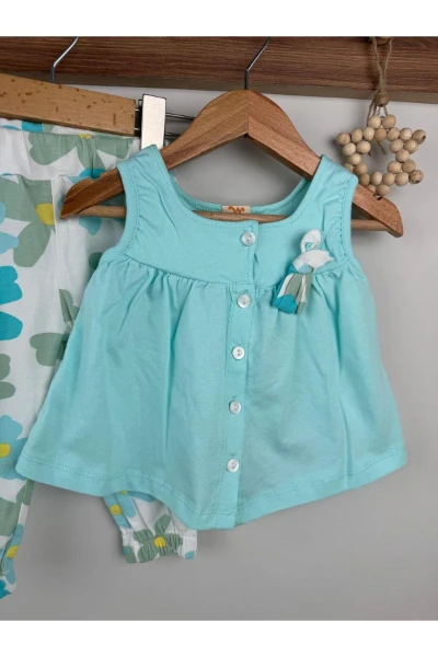 Çiçek Desen Taytlı Fiyonk Detaylı Sıfır Kollu Yazlık Kız Bebek İkili Takım - TURKUAZ