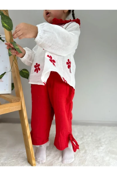 Çiçek Desenli Bebe Yaka Lüx Kalite Salaş Müslin Kız Bebek/Çocuk İkili Takım - KIRMIZI
