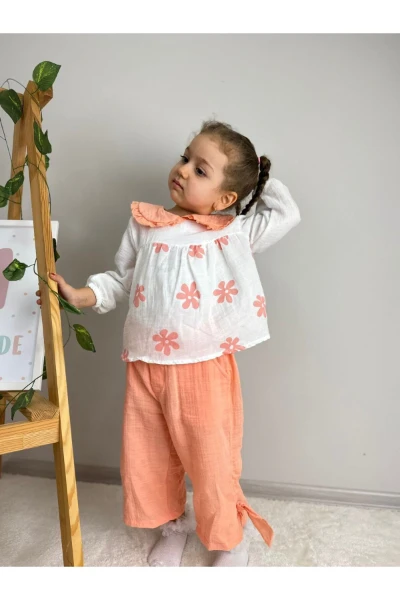 Çiçek Desenli Bebe Yaka Lüx Kalite Salaş Müslin Kız Bebek/Çocuk İkili Takım - YAVRUAĞZI