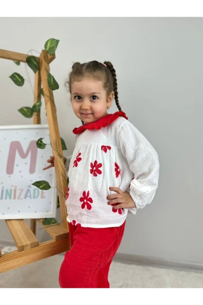 Çiçek Desenli Bebe Yaka Lüx Kalite Salaş Müslin Kız Bebek/Çocuk İkili Takım - KIRMIZI