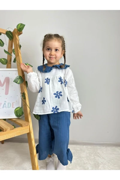 Çiçek Desenli Bebe Yaka Lüx Kalite Salaş Müslin Kız Bebek/Çocuk İkili Takım - PETROL MAVİ