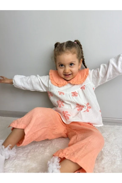 Çiçek Desenli Bebe Yaka Lüx Kalite Salaş Müslin Kız Bebek/Çocuk İkili Takım - YAVRUAĞZI