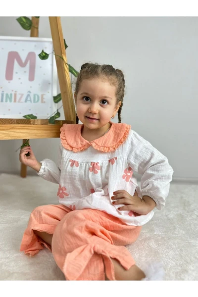 Çiçek Desenli Bebe Yaka Lüx Kalite Salaş Müslin Kız Bebek/Çocuk İkili Takım - YAVRUAĞZI