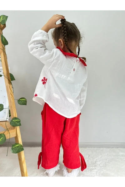 Çiçek Desenli Bebe Yaka Lüx Kalite Salaş Müslin Kız Bebek/Çocuk İkili Takım - KIRMIZI