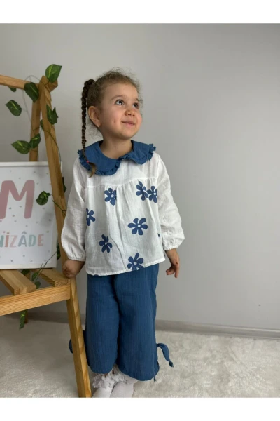 Çiçek Desenli Bebe Yaka Lüx Kalite Salaş Müslin Kız Bebek/Çocuk İkili Takım - PETROL MAVİ