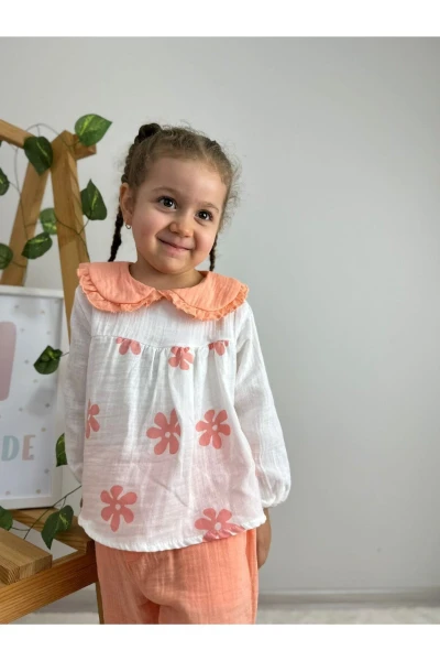 Çiçek Desenli Bebe Yaka Lüx Kalite Salaş Müslin Kız Bebek/Çocuk İkili Takım - YAVRUAĞZI