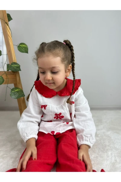 Çiçek Desenli Bebe Yaka Lüx Kalite Salaş Müslin Kız Bebek/Çocuk İkili Takım - KIRMIZI