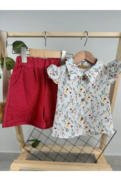 ÇİÇEK DESENLİ ŞORTLU KIZ BEBEK/ÇOCUK TAKIM - PEMBE