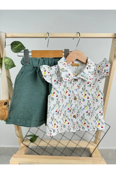 ÇİÇEK DESENLİ ŞORTLU KIZ BEBEK/ÇOCUK TAKIM - YEŞİL
