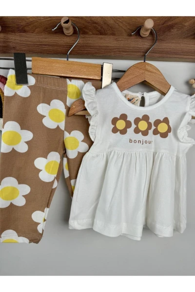 Çiçek Desenli Taytlı Kolları Fırfırlı Kız Bebek Çocuk İkili Takım - KAHVERENGİ
