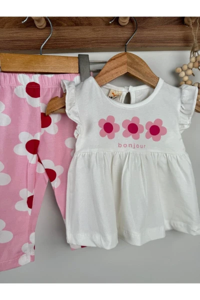 Çiçek Desenli Taytlı Kolları Fırfırlı Kız Bebek Çocuk İkili Takım - PEMBE