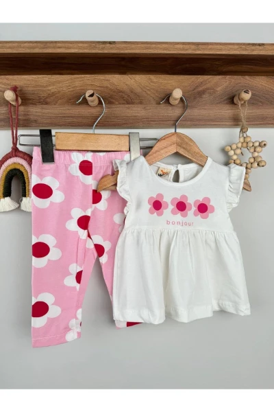 Çiçek Desenli Taytlı Kolları Fırfırlı Kız Bebek Çocuk İkili Takım - PEMBE