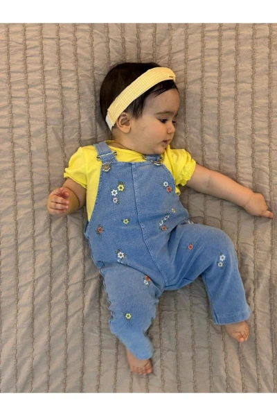 Çiçek Nakışlı Yumuşacık Likralı Organik Kot Salopetli Kısa Kol Badili 2'li Takım Tulum - SARI
