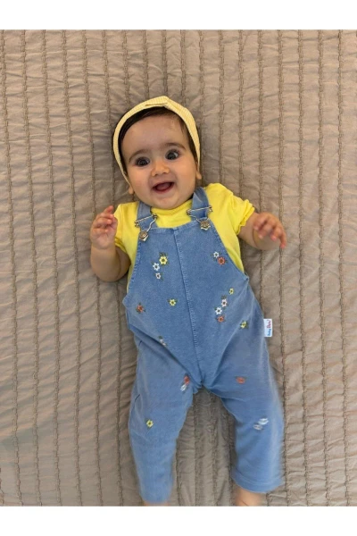 Çiçek Nakışlı Yumuşacık Likralı Organik Kot Salopetli Kısa Kol Badili 2'li Takım Tulum - SARI
